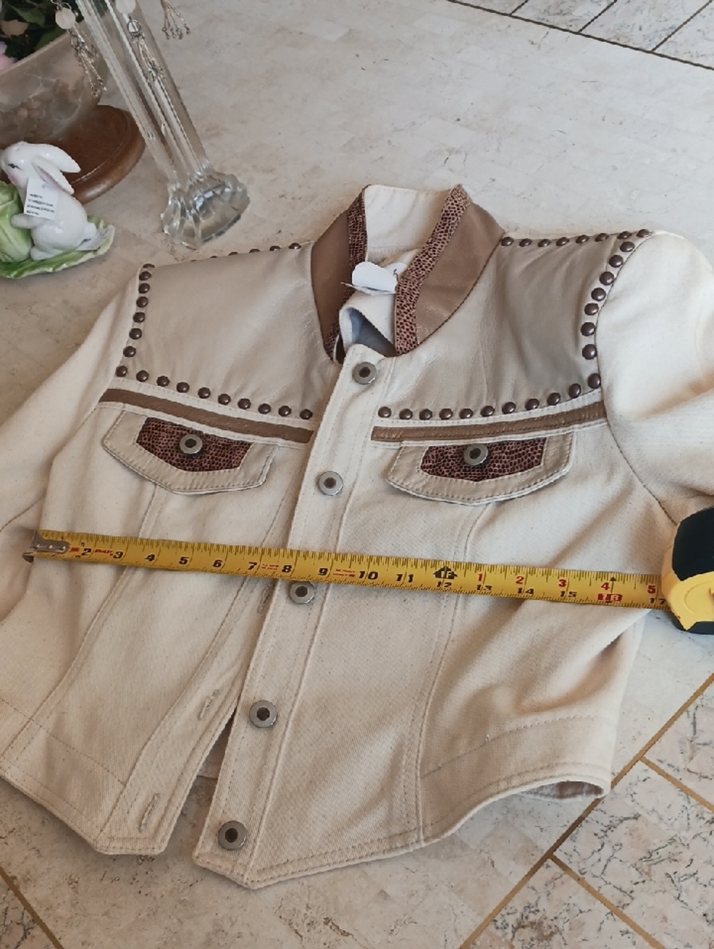 Vintage "Cache" Leather & Cream Cotton Denim Jacket, Metal Studs Detail "NEW" - Picture 9 of 15